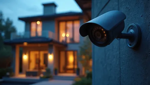 Outdoor security camera on a home at dusk