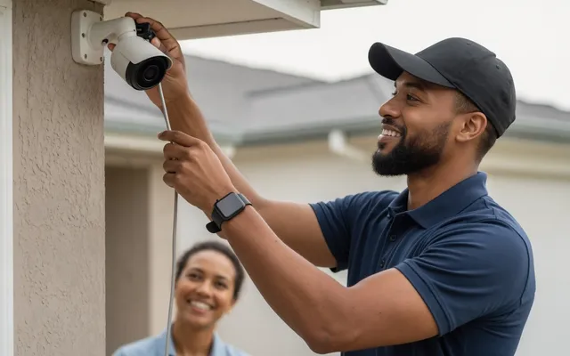 Technician mounting a TV on a wall
