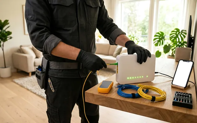Technician diagnosing network equipment to resolve a Wi-Fi dead zone