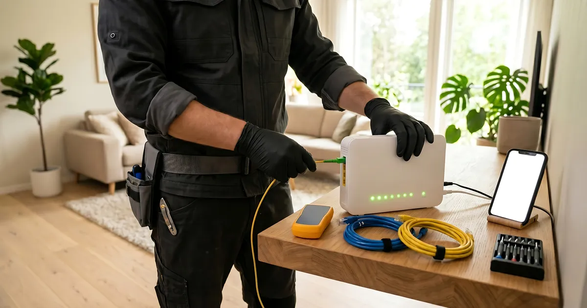 Technician diagnosing network equipment to resolve a Wi-Fi dead zone