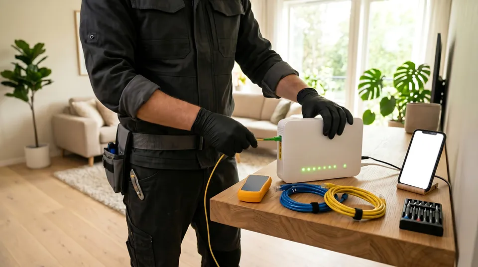 Technician setting up home technology equipment