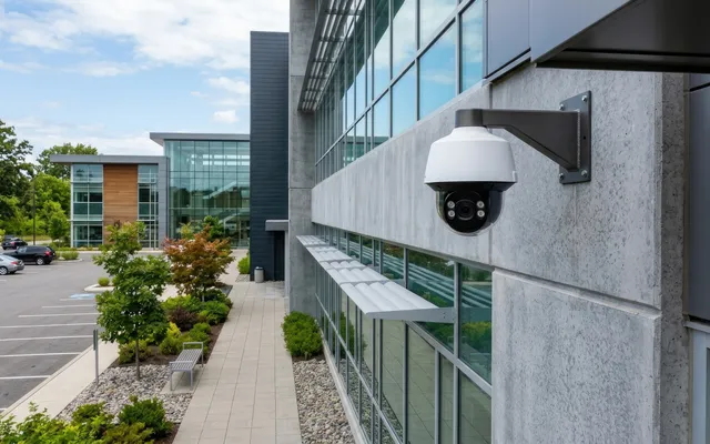 Commercial security camera mounted on an office building