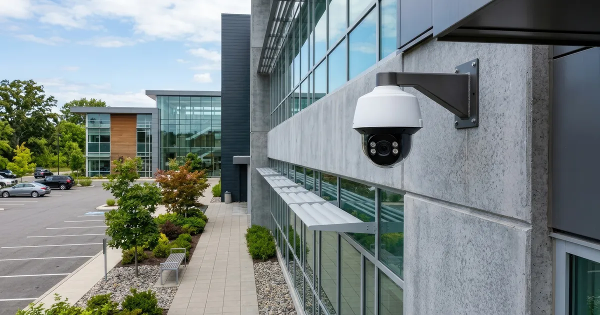 Commercial security camera mounted on an office building