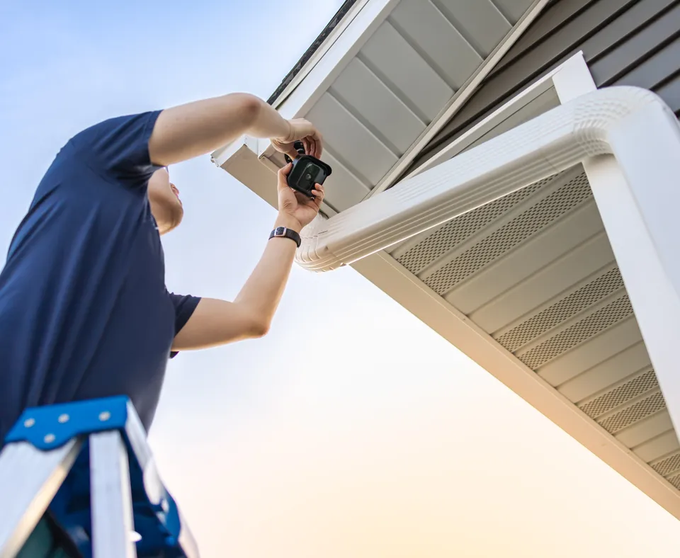 Technician installing an outdoor security camera under the eave of a home