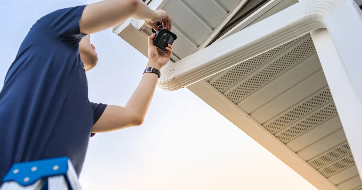 Technician installing an outdoor security camera under the eave of a home